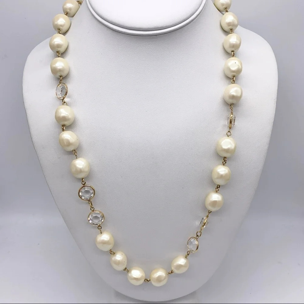 Givenchy Vintage Pearl & Bezel Crystal Station Necklace - Picture 1 of 4